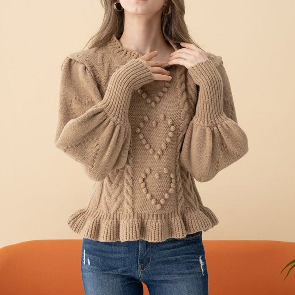 ChicWish Still My Heart Bubble Sleeves Tan Knit Sweater Size Small